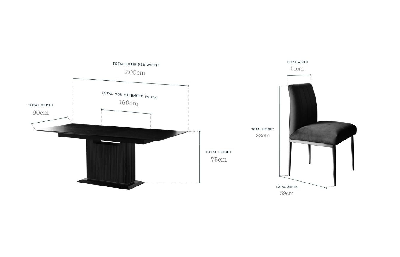 Kai black oak 6-8 seater table and 6 Kendra dining chairs set