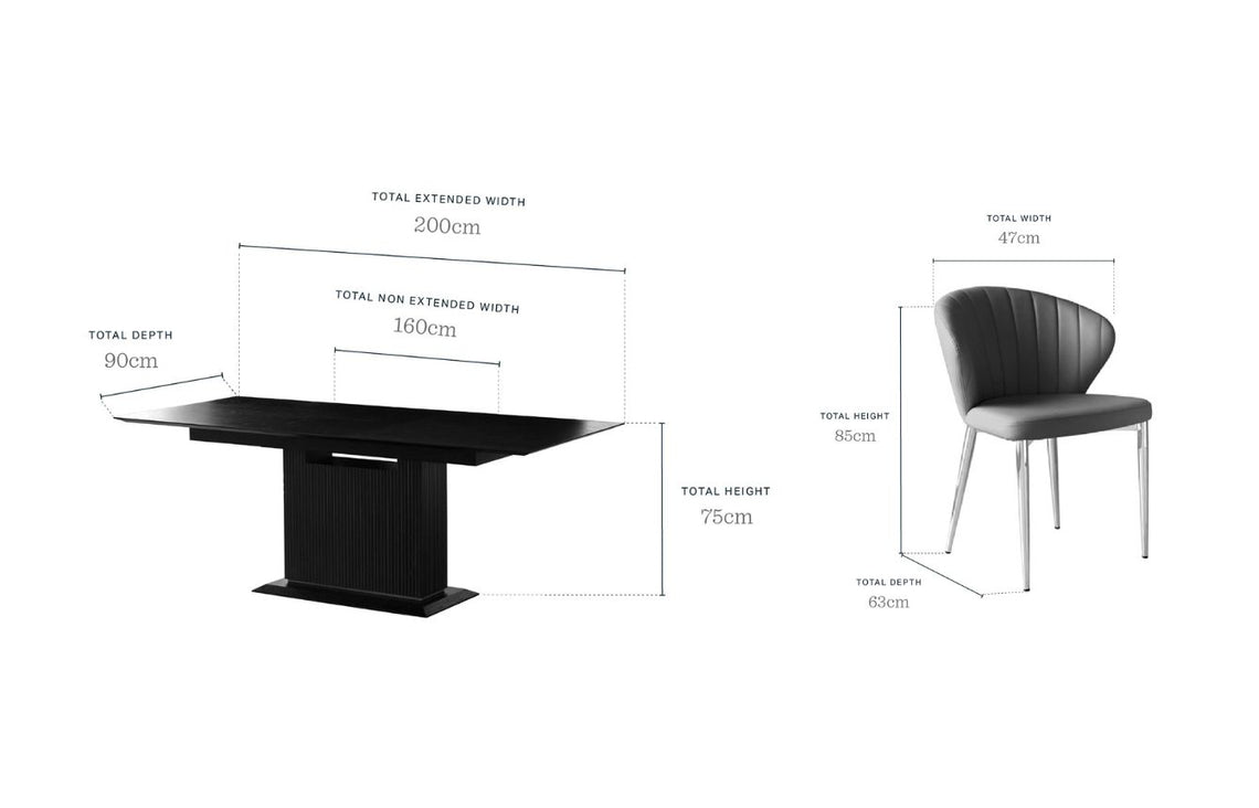 Kai 6-8 Black Wood Dining Table with 6 Harper II Warm Grey Soft Touch Boucle Dining Chairs
