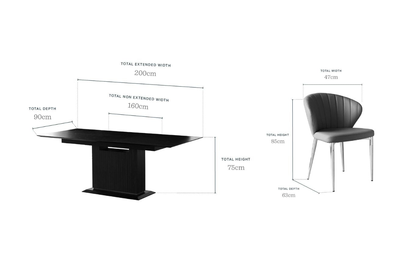 Kai 6-8 Black Wood Dining Table with 6 Harper II Warm Grey Soft Touch Boucle Dining Chairs
