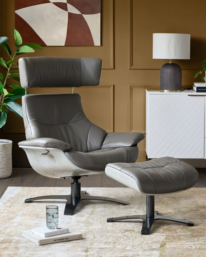 Karma dark grey leather swivel recliner accent chair and footstool