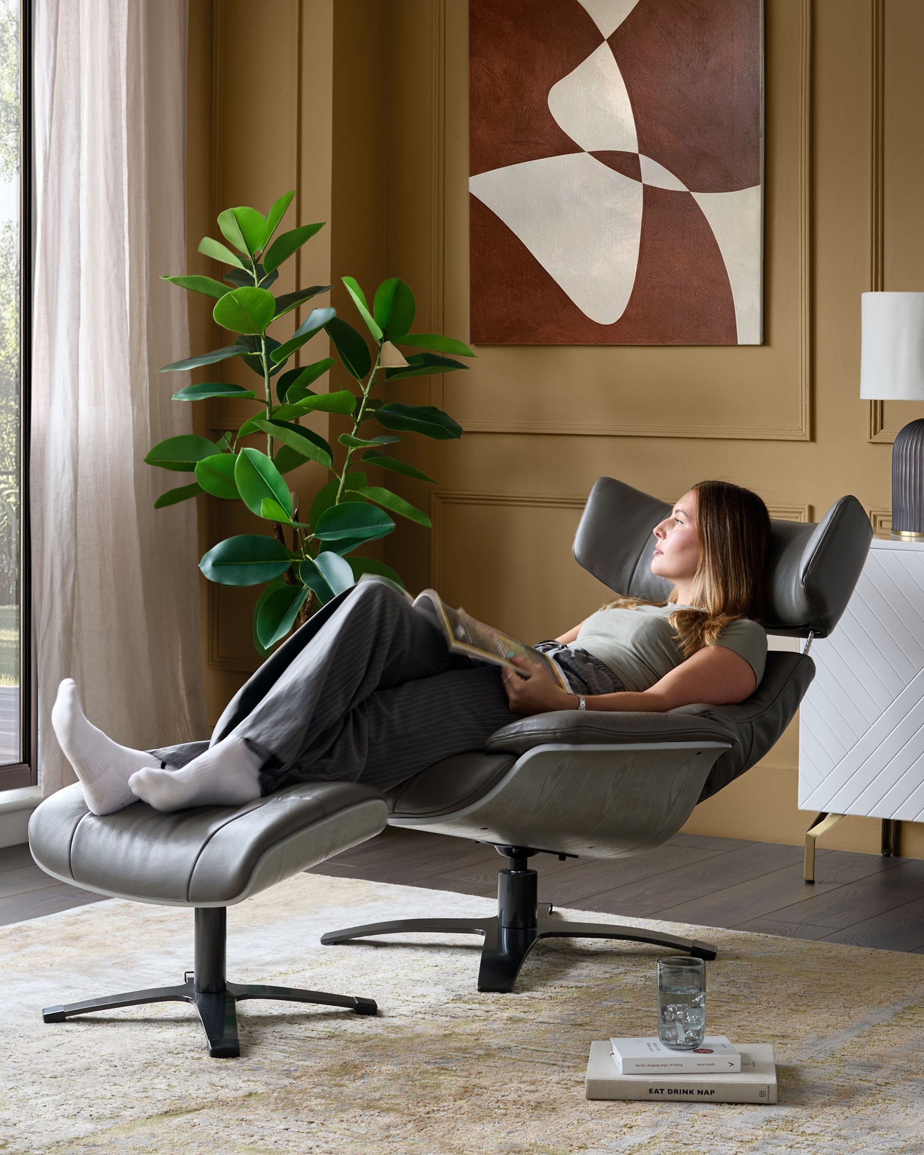 Karma Dark Grey Leather And Wood Reclining Armchair And Footstool