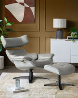 Karma natural grey leather swivel recliner accent chair and footstool