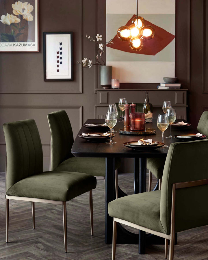 A dining room set featuring a dark wood table surrounded by upholstered chairs with slender metal legs, under a multi-bulb chandelier.