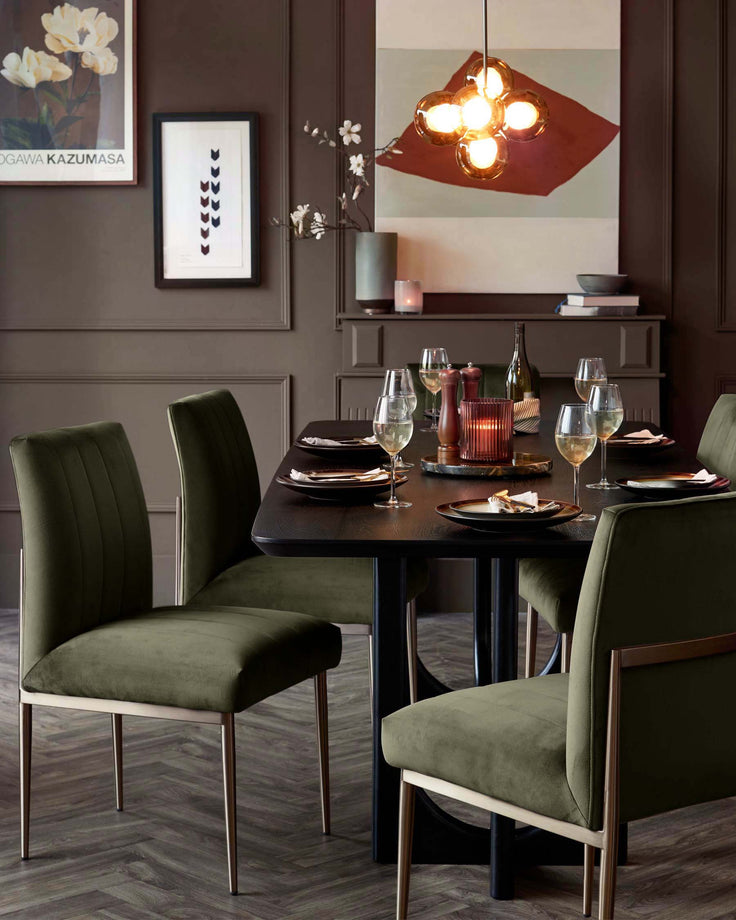 A dining room set featuring a dark wood table surrounded by upholstered chairs with slender metal legs, under a multi-bulb chandelier.