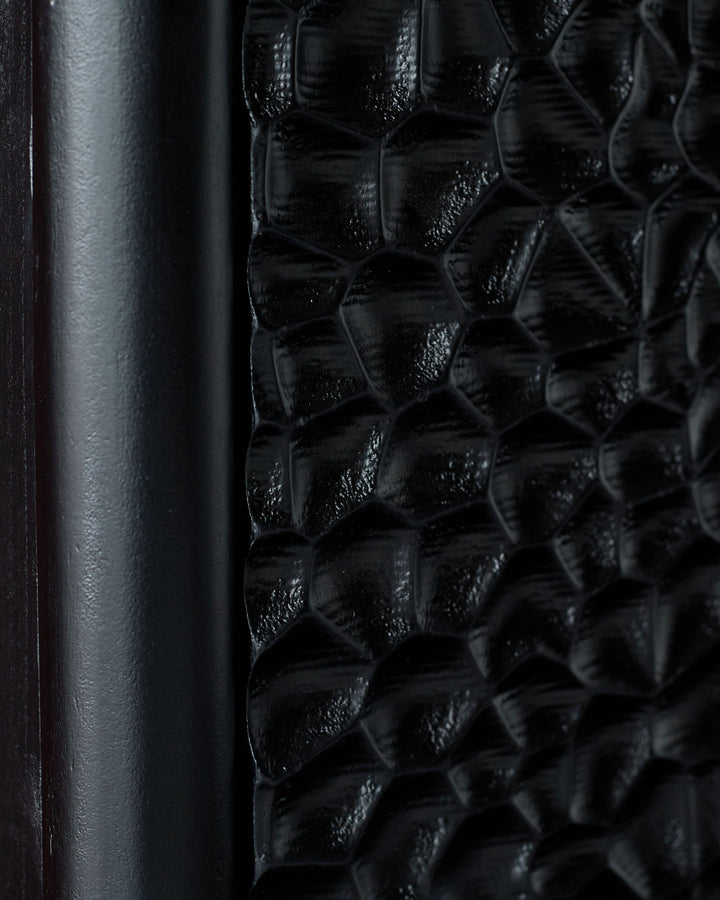 Knox Large Sideboard in black wood with textured crocodile-embossed finish and cylindrical metal handle detail.