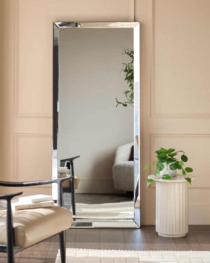 Large rectangular leaner mirror with silver frame, displayed against beige wall next to potted plant and chair.