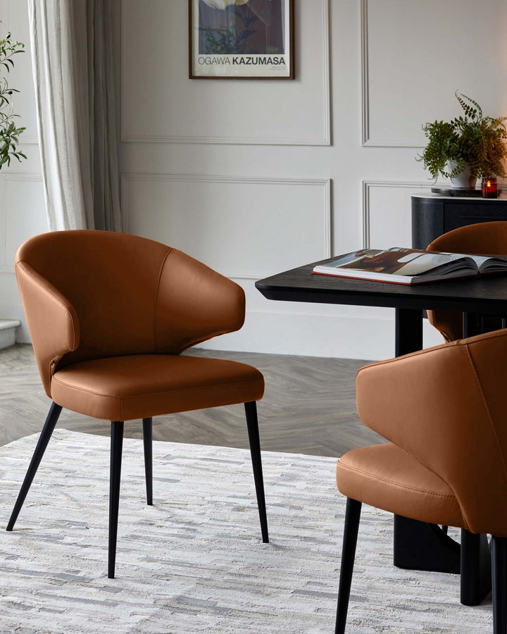 Tan leather dining chair with curved backrest and black metal legs, shown in a modern dining room setting.