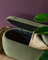 Olive green storage ottoman with open lid, revealing pillows. Woven basket and plant leaves frame the scene.