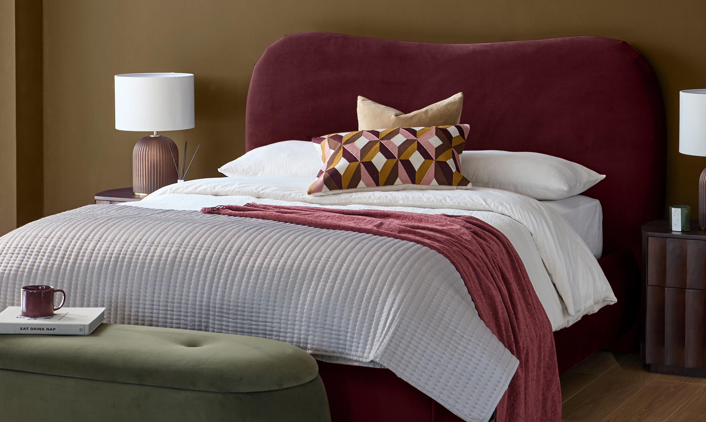 Lani plum velvet king size ottoman bed