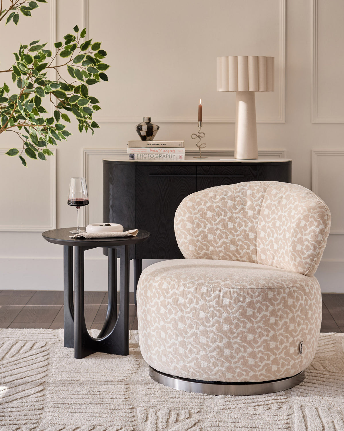 Leda champagne abstract fabric swivel accent chair