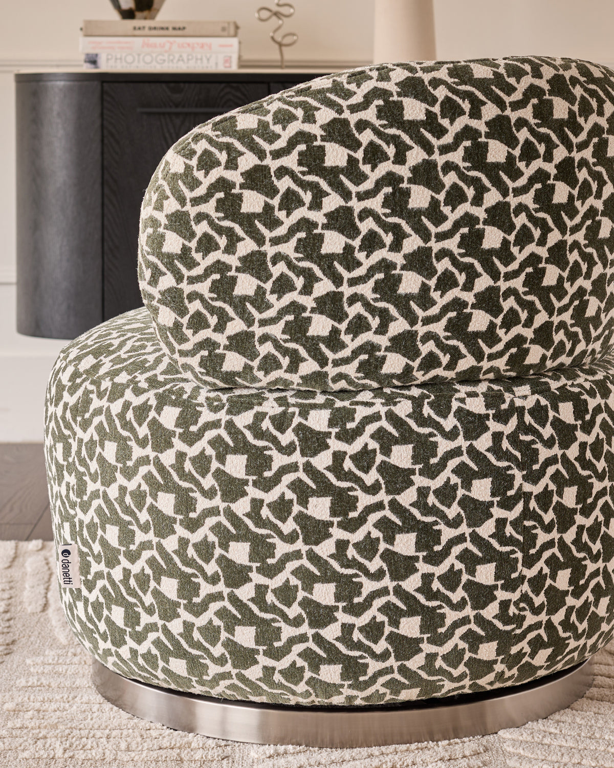 Leda dark green abstract fabric swivel accent chair
