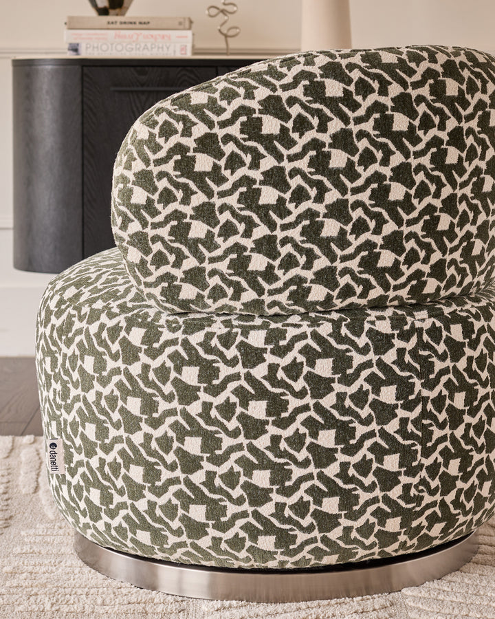 Leda dark green abstract fabric swivel accent chair