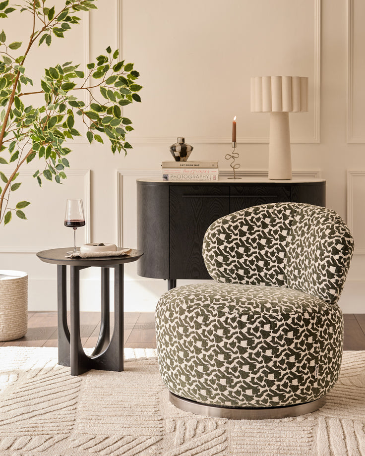 Leda dark green abstract fabric swivel accent chair