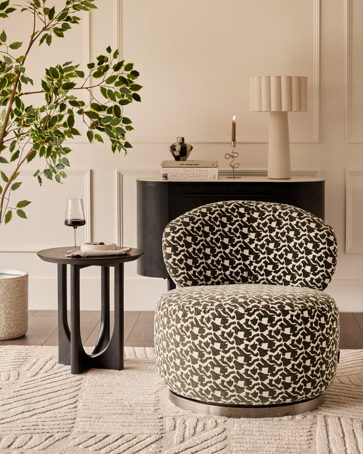 Leda dark green abstract fabric swivel accent chair