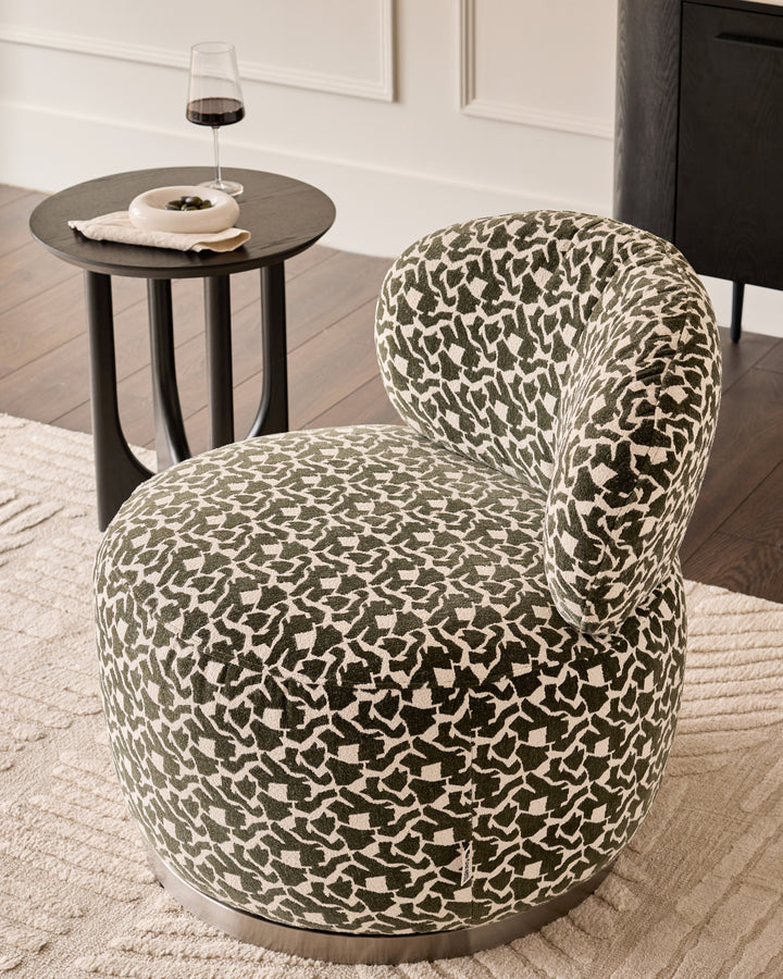 Leda dark green abstract fabric swivel accent chair