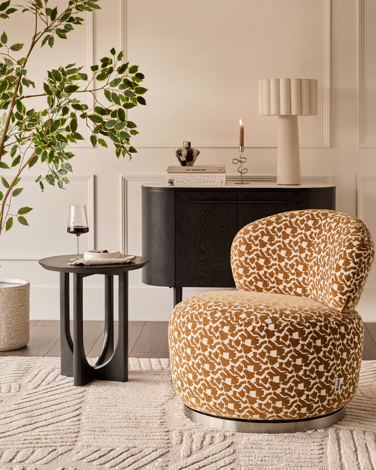 Leda ochre abstract fabric swivel accent chair