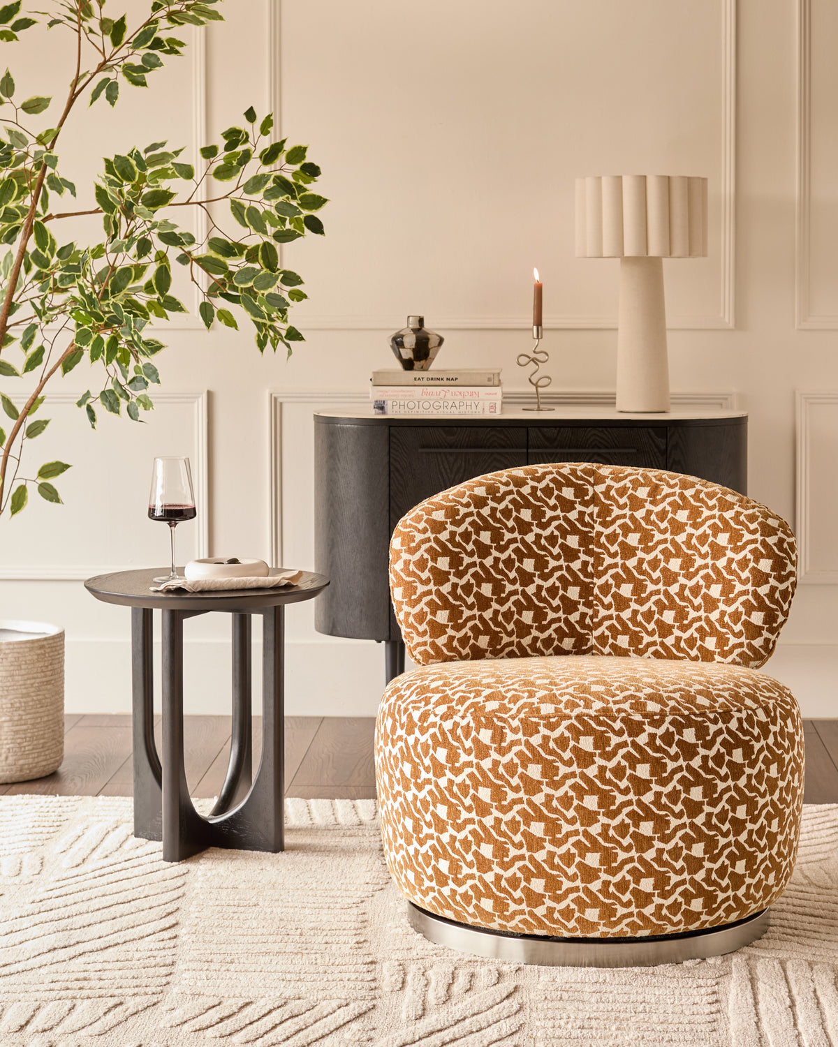Leda ochre abstract fabric swivel accent chair