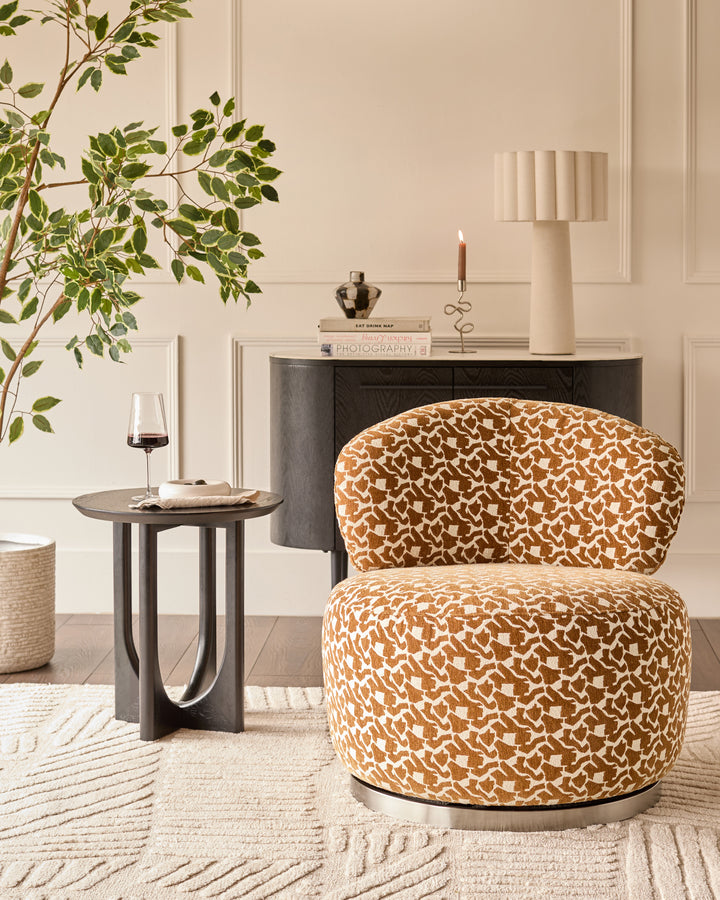 Leda ochre abstract fabric swivel accent chair