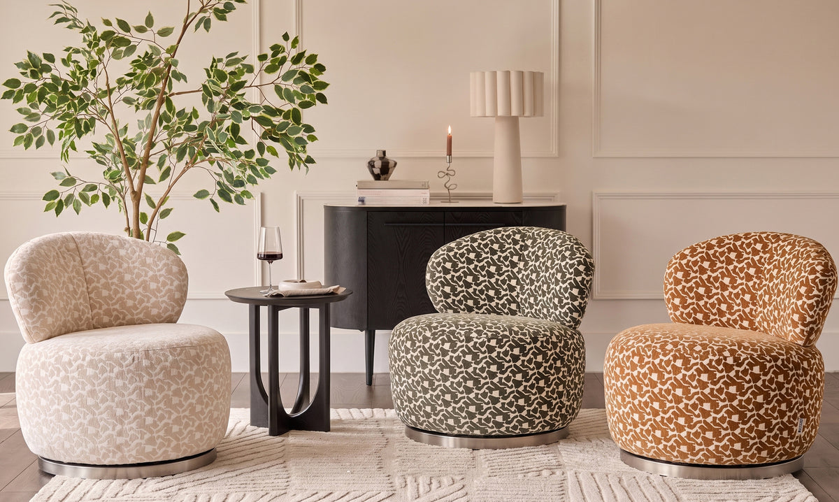 Leda ochre abstract fabric swivel accent chair