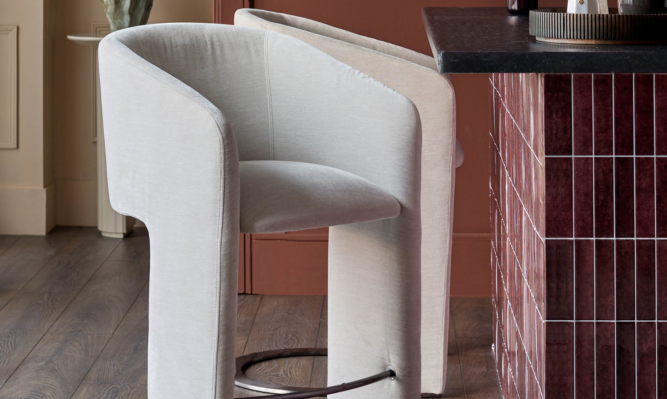 Leighton natural grey chenille black steel cantilever bar stool