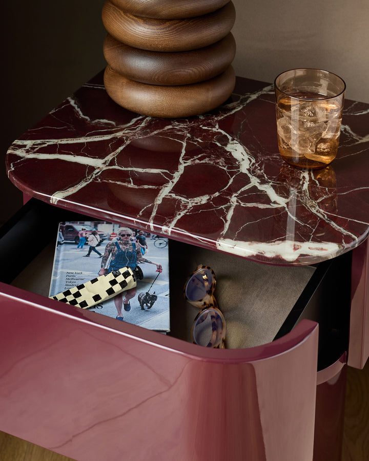 Lena red calacatta with plum gloss bedside table