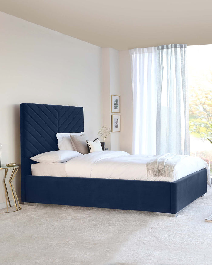 Leo Navy Blue Velvet Double Bed With Storage