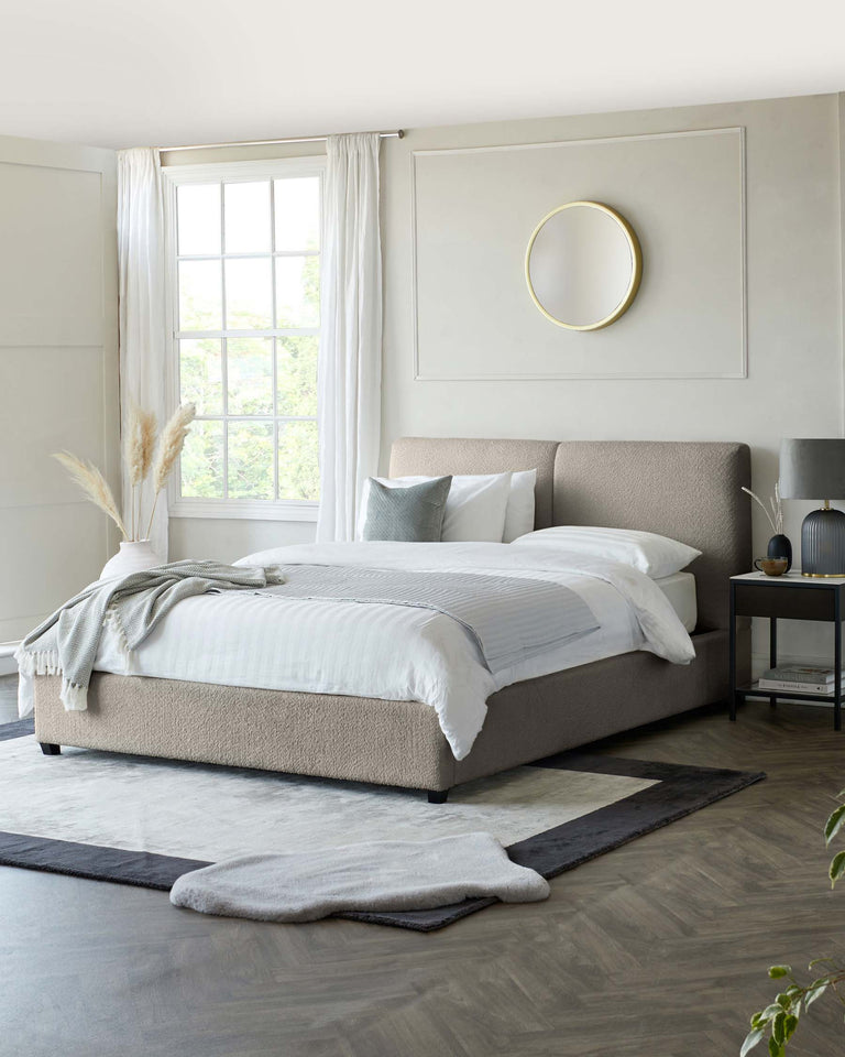 Contemporary minimalist bedroom featuring a king-sized platform bed with a textured beige upholstery headboard and matching bed frame. A pair of muted blue and white throw pillows complement the crisp white bedding. At the bedside, there's a modern nightstand with a dark finish, hosting a sleek table lamp with a blue base and neutral shade, alongside minimalistic decorative items. An abstract area rug underlines the bed, blending dark and light shades.