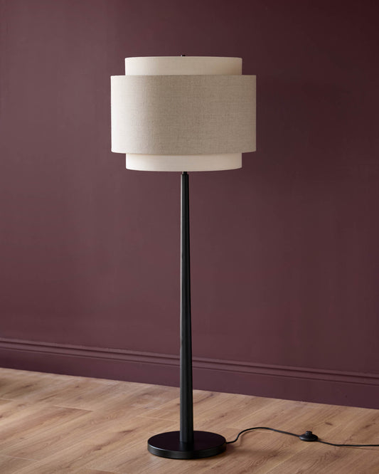 Leonie natural and mocha linen black wood floor lamp