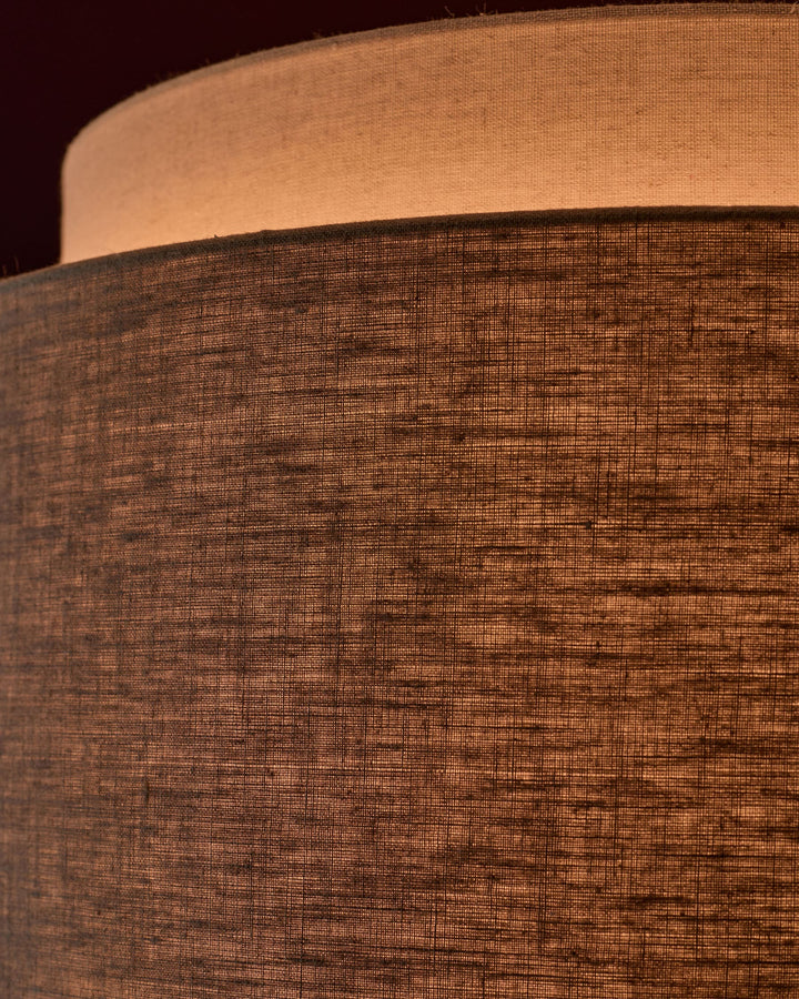 Leonie pendant light with layered linen shades in natural and mocha, close-up detail view showing texture.