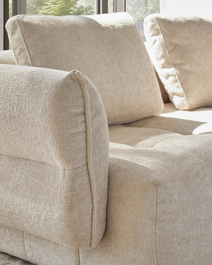Contemporary beige sofa with thick cushions, showcasing a cozy and inviting texture, ideal for modern living spaces.