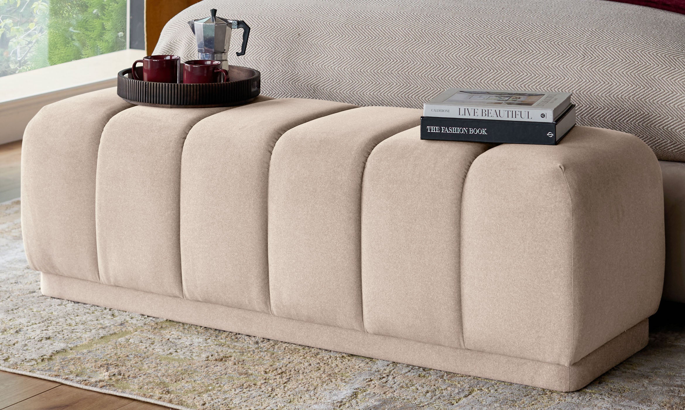 Lillian cream plush fabric bench