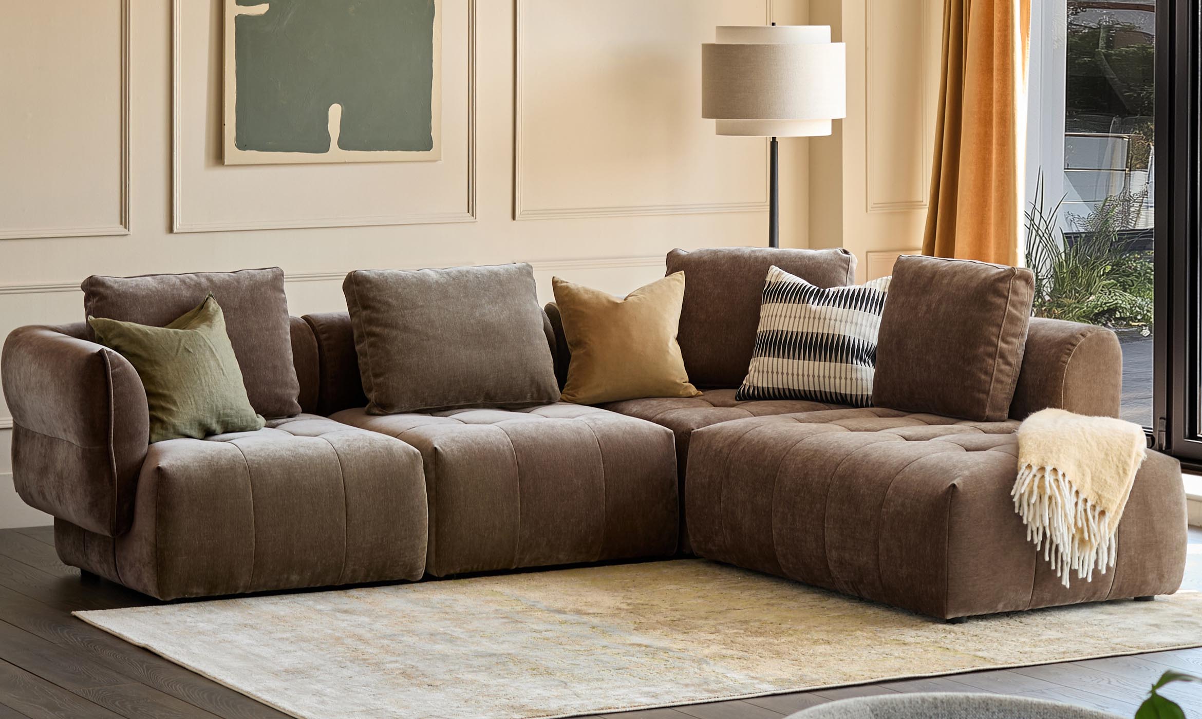 Lillian mocha fabric right hand corner chaise sofa