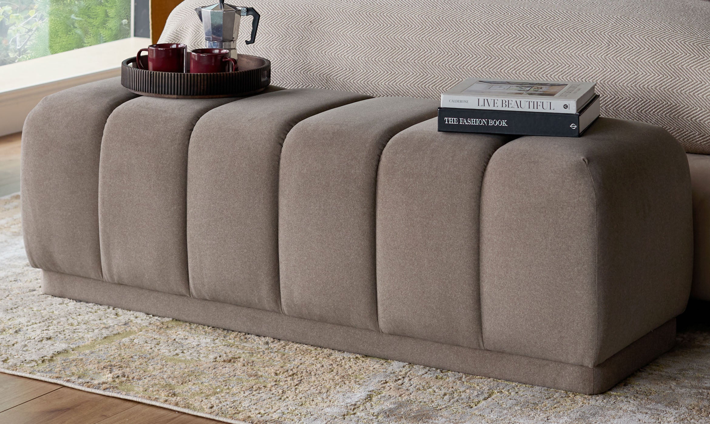 Lillian mocha plush fabric bench