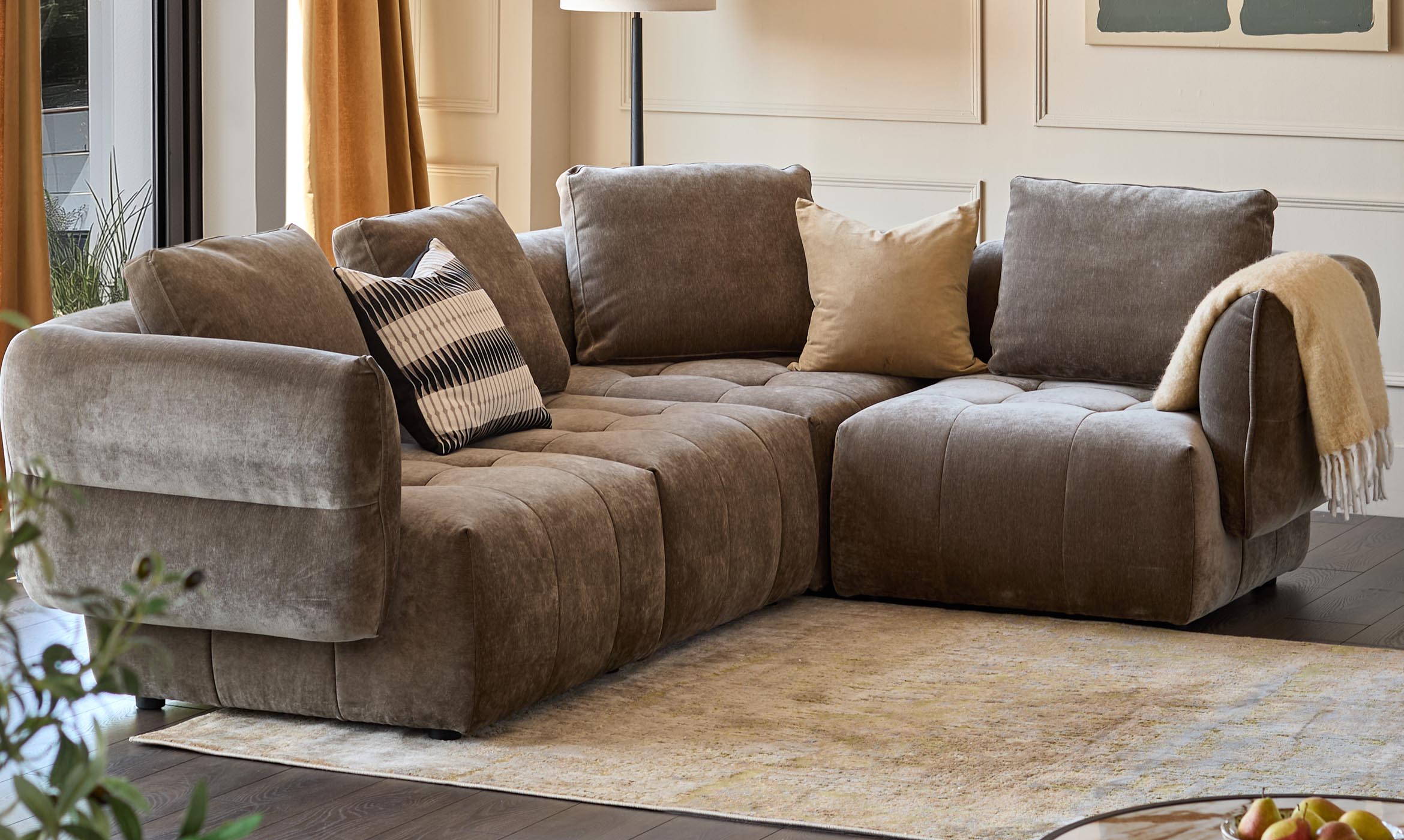 Lillian mocha fabric small corner sofa