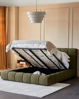 Lillian olive green fabric king size ottoman storage bed