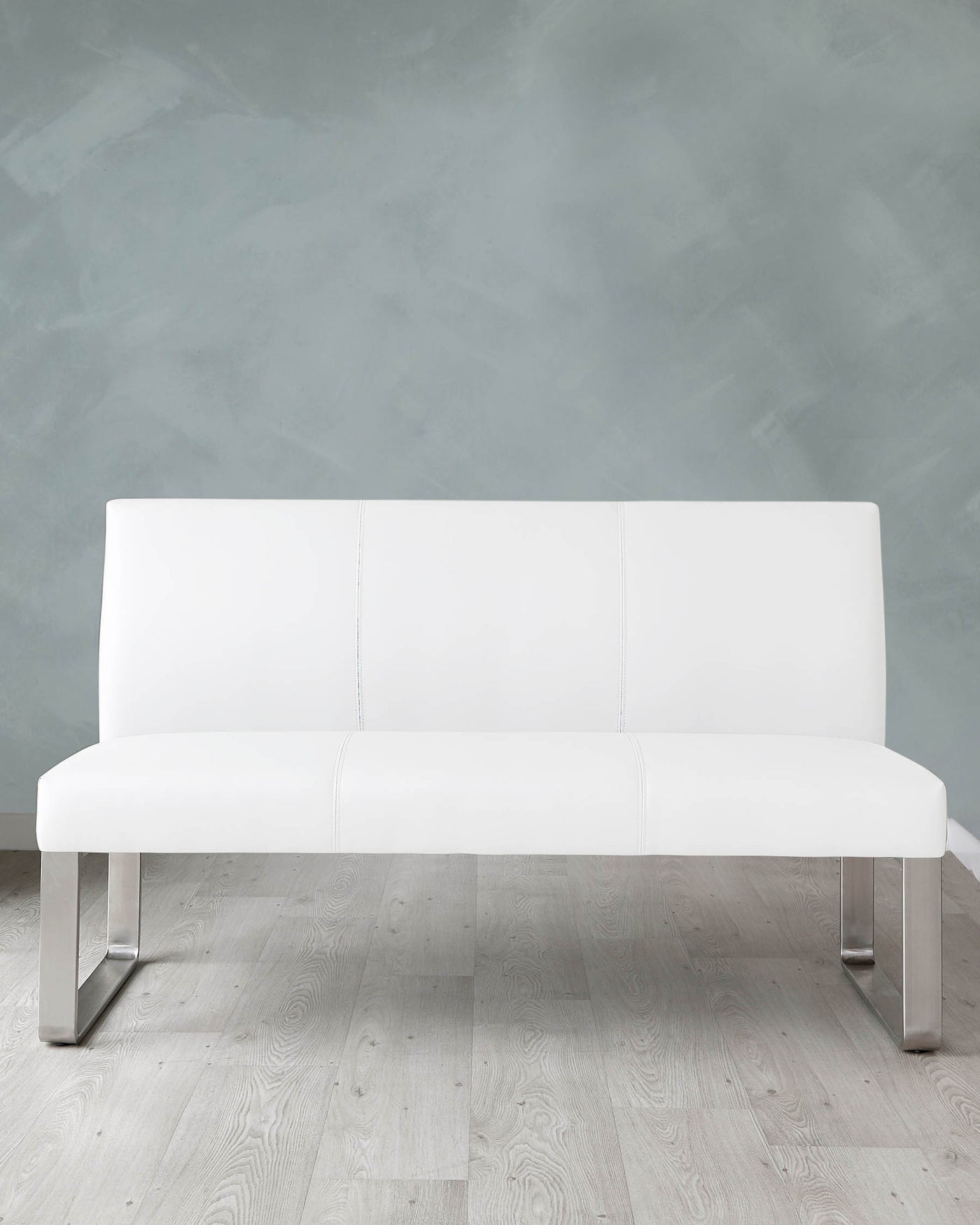 Loop 3 Seater White Faux Leather & Stainless Steel Bench With Backrest