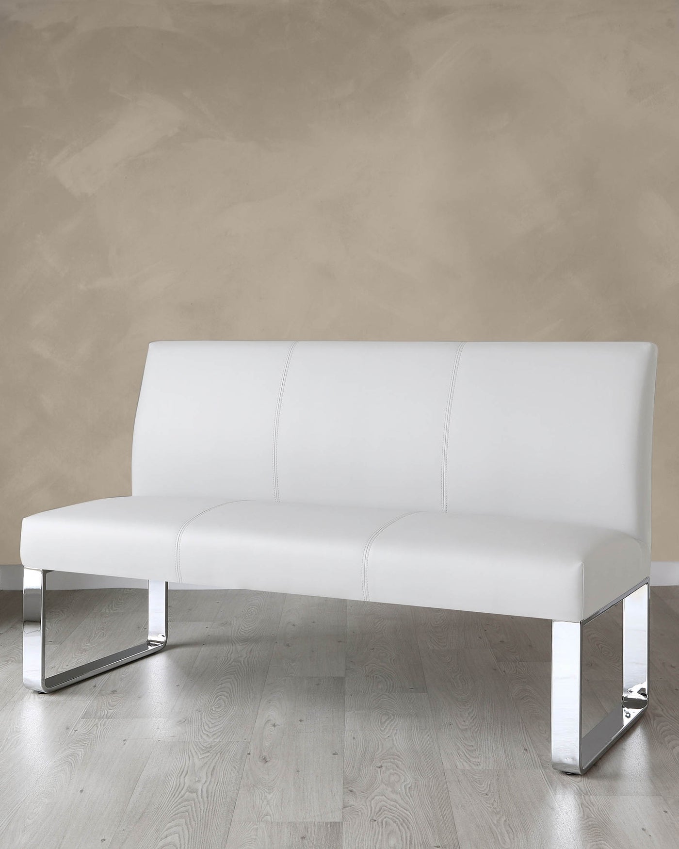 Loop 3 Seater Light Grey Faux Leather & Chrome Bench With Backrest