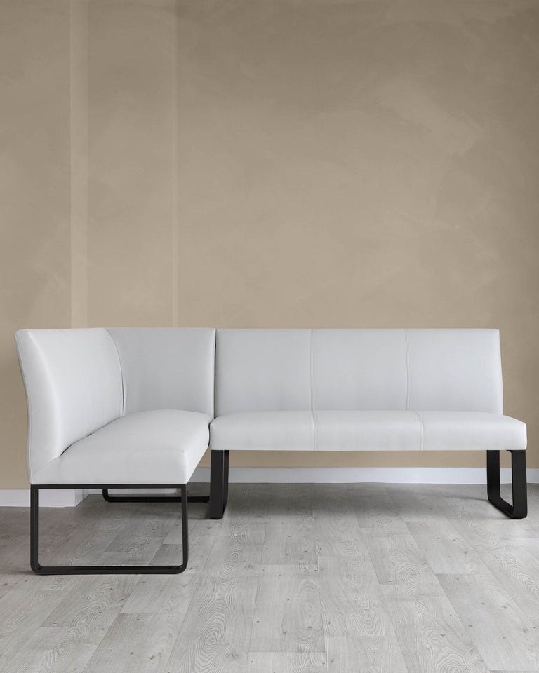 Modern minimalist-style sofa with white leather upholstery and a sleek black metal frame. The sofa features clean lines and a simple yet elegant design with a smooth finish, suitable for contemporary interior decor.