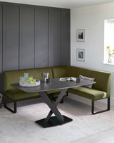 Loop olive green velvet black metal left hand corner 5 seater dining bench