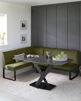 Loop olive green velvet black metal right hand corner 5 seater dining bench