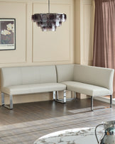 Natural ceramic 6 seater dining table with Saylor light grey faux leather dining chairs & left corner dining bench set