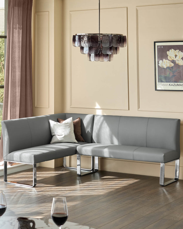 Loop 5-seater right-hand corner dining bench in mid-grey faux leather with chrome legs, shown in modern room setting.