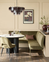Loop 5-seater right-hand corner bench in olive green with brushed brass frame, styled in dining nook.