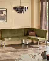 Natural ceramic 6 seater dining table with Mason olive green velvet dining chairs & left corner dining bench set