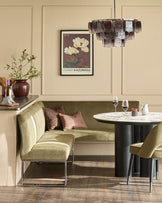 Natural ceramic 6 seater dining table with Mason olive green velvet dining chairs & left corner dining bench set