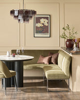 Natural ceramic 6 seater dining table with Mason olive green dining chairs & right corner dining bench set