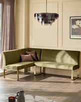 Natural ceramic 6 seater dining table with Mason olive green velvet dining chairs & right corner dining bench set