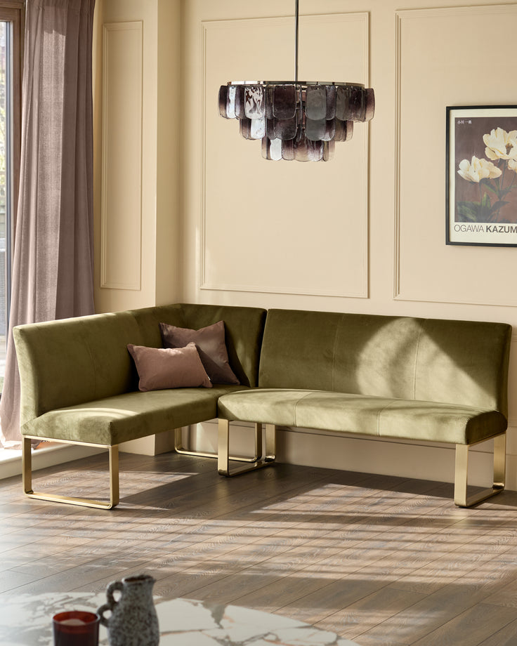 Natural ceramic 6 seater dining table with Mason olive green velvet dining chairs & right corner dining bench set