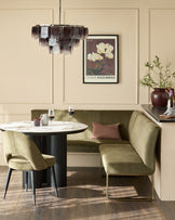 Natural ceramic 6 seater dining table with Mason olive green velvet dining chairs & right corner dining bench set