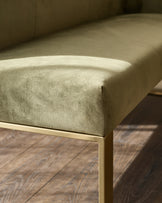 Natural ceramic 6 seater dining table with Mason olive green velvet dining chairs & left corner dining bench set